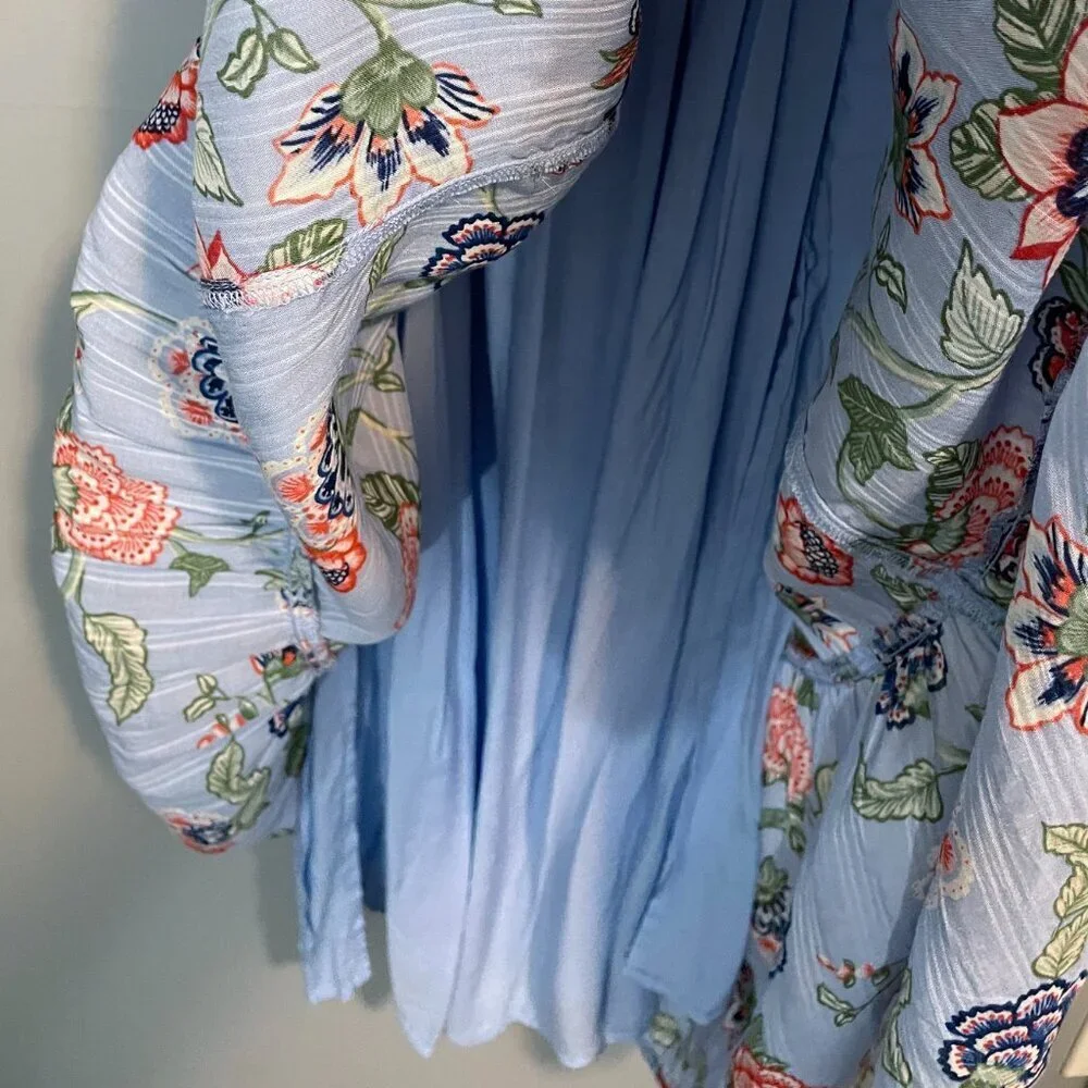 Last Call! New Loft Floral Rayon Tiered Puff Sleeve Midi Dress Blue Small - Picture 5 of 7